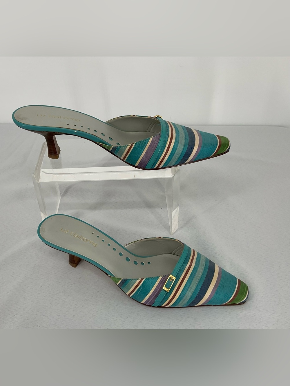 Liz Claiborne Teal and Multicolor Striped Mule Pointed Heel Size 9.5